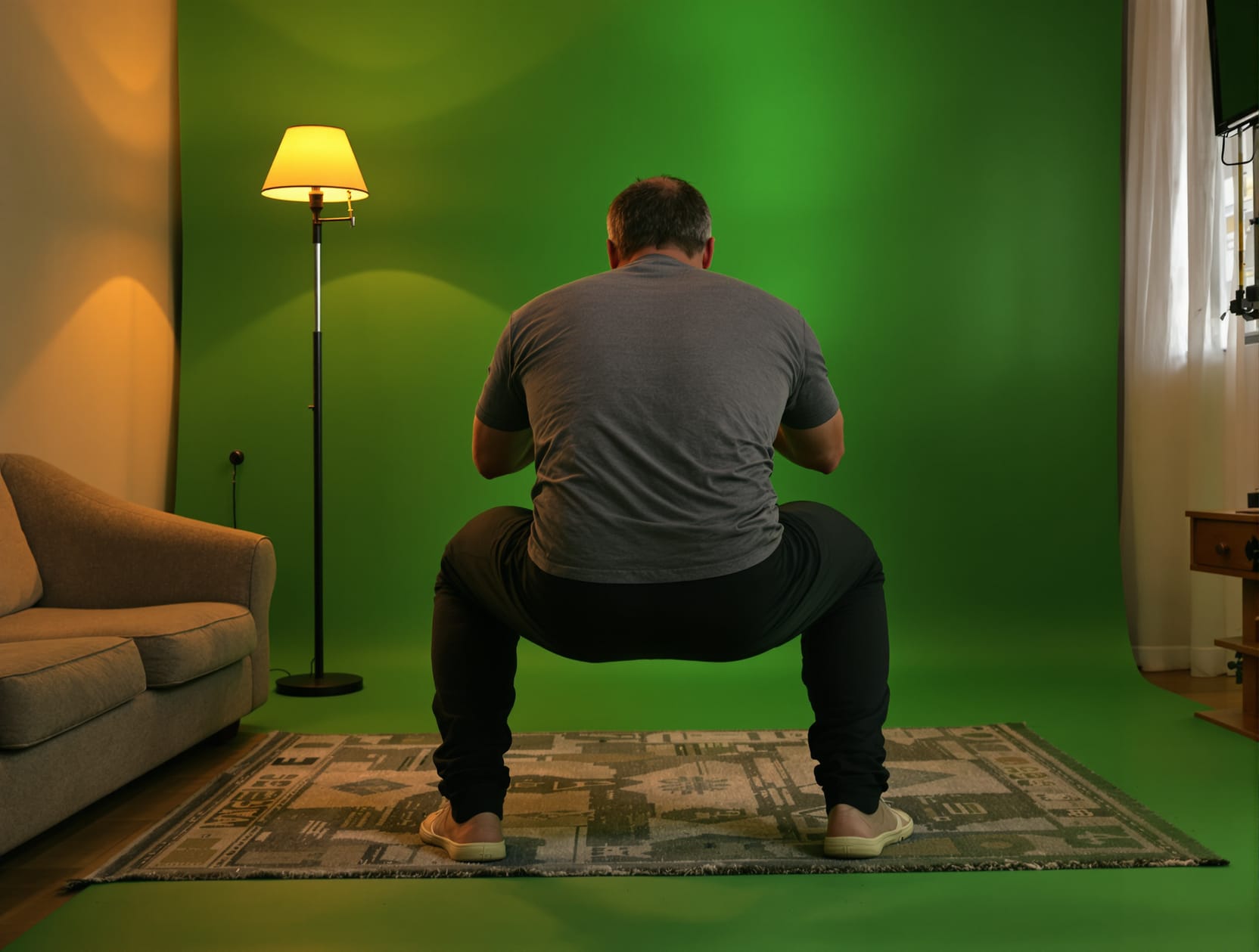 A man in his fifties with thinning grey hair, in a plain charcoal t-shirt and dark sweatpants, seen from behind mid-move